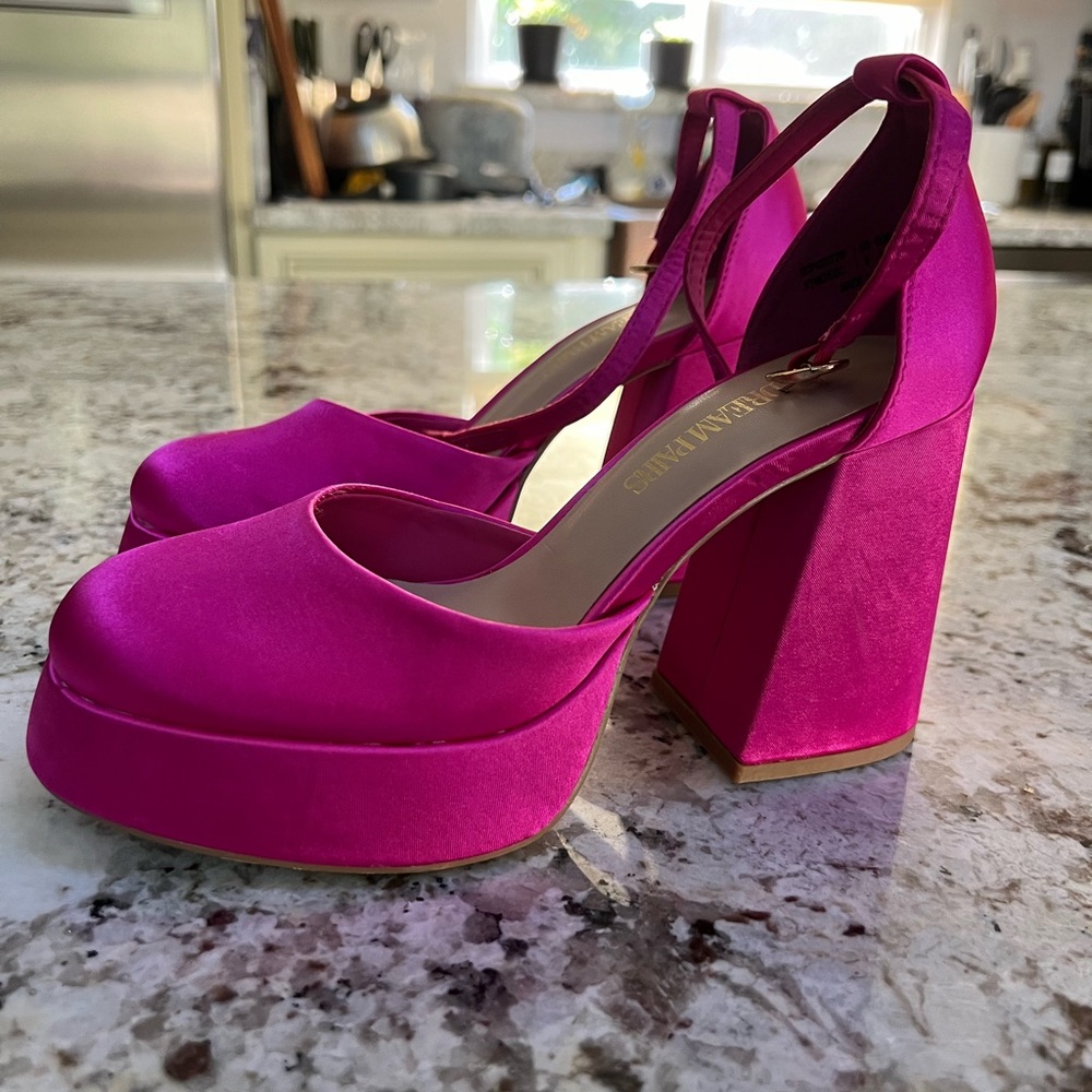 Hot pink satin platform heels